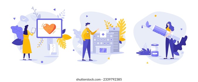 Medicine and healthcare concept flat vector illustrations set. Medical service and treatment. Patients care cartoon compositions for web design. Creative idea for website, mobile, presentation