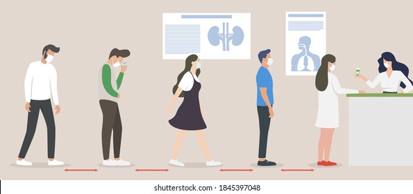 Medicine healthcare concept, patients standing in line or waiting for treatment concept, pharmacist giving pills to mix race customers patients standing line queue at pharmacy counter.