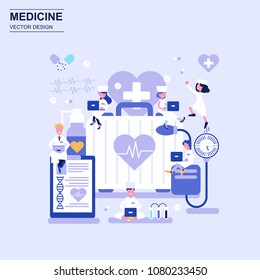 Medicine and healthcare flat design concept blue style with decorated small people character. Conceptual vector illustration for web design, marketing, graphic design.