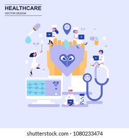 Medicine and healthcare flat design concept blue style with decorated small people character. Conceptual vector illustration for web design, marketing, graphic design.