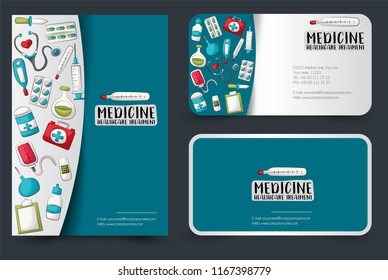 Medicine and healthcare flyer and business cards set. Background for advertisement, invitation, brochure template. Hand drawn cartoon style medical clinic design concept. Vector illustration.