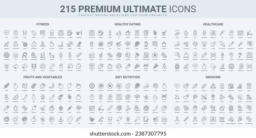 Medicine and healthcare, healthy habits and sport training in gym thin black line icons set vector illustration. Outline symbols of medical treatment, drugs and diagnostics, food diet for wellbeing