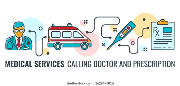 Medicine and Healthcare horizontal banner with colored line icons Doctor, ambulance, thermometer, prescription. process medical services infographics. isolated vector illustration