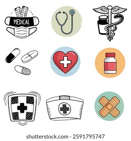Medicine And Healthcare Icon Set. pill icon set. Medicament and pharmaceutical symbol. medical design element.