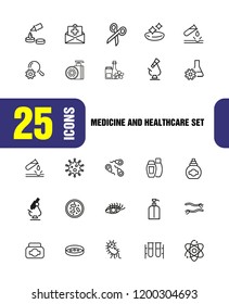 Medicine and healthcare icons. Set of  line icons. Bacteria, corrosion, microscope. Science concept. Vector illustration can be used for topics like microbiology, research, pharmaceutics