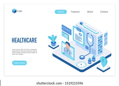Medicine and healthcare isometric landing page vector template. Online medical consultation website design layout. Telemedicine web page 3d concept. Online doctor appointment webpage interface