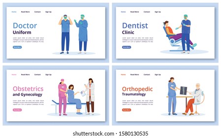 Medicine and healthcare landing page vector templates set. Dental clinic website interface idea with flat illustrations. Obstetrics and gynecology homepage layout. Web banner, webpage cartoon concept