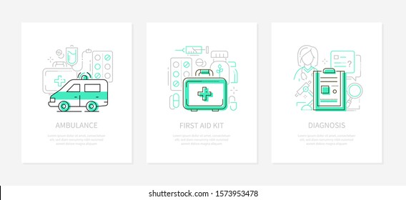 Medicina y atención médica - banners de diseño de línea con lugar para su texto. Ambulancia, kit de primeros auxilios, temas de diagnóstico. Ilustraciones lineales con iconos. Equipo médico, pastillas, vitaminas, hospital