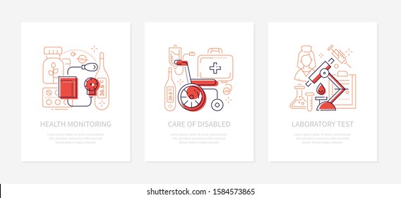 Medicine And Healthcare - Line Design Style Banners With Place For Your Text. Health Monitoring, Care Of Disabled, Laboratory Test Themes. Linear Illustrations With Icons. Medical Equipment Items