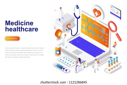 Medicina y asistencia sanitaria moderna diseño plano concepto isométrico. Concepto de farmacia y personas. Plantilla de página de destino. Ilustración conceptual isométrica vectorial para diseño web y gráfico.