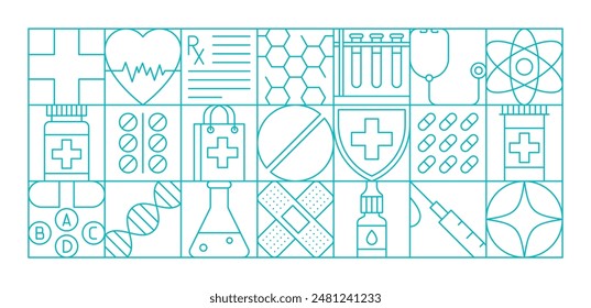 La medicina y la salud moderna patrón geométrico. fondo de Vector con cruz médica lineal, corazón con línea de ecg, formulario de prescripción, pastillas, hebra de adn, frasco, curita, jeringuilla y estructura atómica