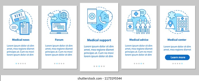 Medicine and healthcare onboarding mobile app page screen with linear concepts. Medical news, forum, advice, clinic, support steps graphic instructions. UX, UI, GUI vector template with illustrations