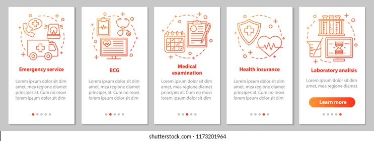 Medicine and healthcare onboarding mobile app page screen with linear concepts. Ambulance, examination, ECG, health insurance, lab analysis steps graphic instructions. UX, UI, GUI vector illustrations