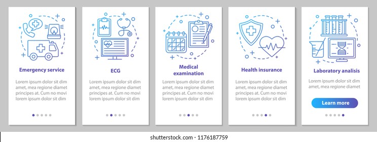 Medicine and healthcare onboarding mobile app page screen with linear concepts. Ambulance, examination, ECG, health insurance, lab analysis steps graphic instructions. UX, UI, GUI vector illustrations