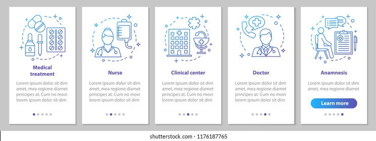 Medicine and healthcare onboarding mobile app page screen with linear concepts. Doctor, nurse, clinic, treatment, anamnesis. Medical service steps graphic instructions. UX, UI, GUI vector illustration