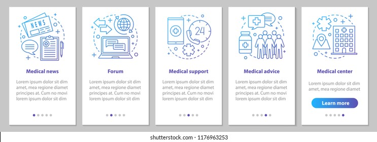 Medicine and healthcare onboarding mobile app page screen with linear concepts. Medical news, forum, advice, clinic, support steps graphic instructions. UX, UI, GUI vector template with illustrations