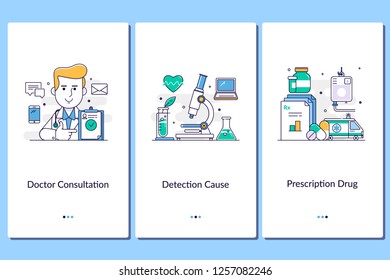 Medicine and healthcare onboarding mobile app page screen with linear concepts.Doctor, nurse, clinic, treatment, anamnesis. Medical service steps graphic instructions. UX, UI, GUI vector illustration