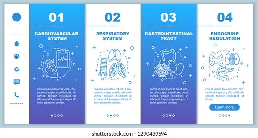 Medicine and healthcare onboarding mobile app page screen vector template. Cardiovascular, respiratory system walkthrough steps with linear illustrations. UX, UI, GUI smartphone interface concept