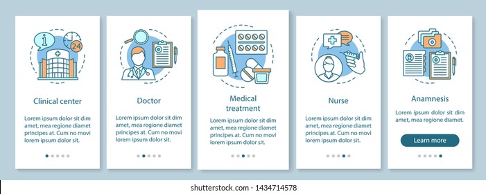 Medicine and healthcare onboarding mobile app page screen vector template. Medical care, treatment patient. Hospital. Website steps with linear illustrations. UX, UI, GUI smartphone interface concept