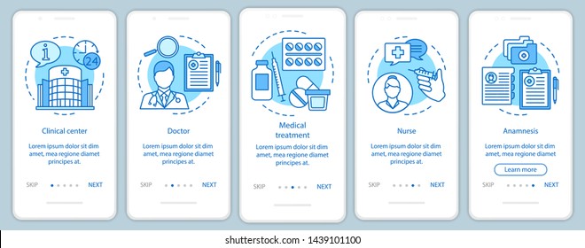 Medicine and healthcare onboarding mobile app page screen with linear concepts. Call, select, pay, receive, enjoy. Steps graphic instructions. UX, UI, GUI vector template with illustrations