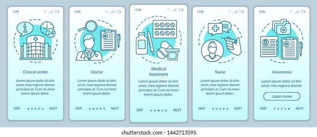 Medicine and healthcare onboarding mobile app page screen with linear concepts. Medical care, treatment patient. Hospital. Steps graphic instructions. UX, UI, GUI vector template with illustrations