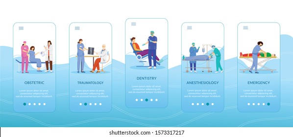 Medicine and healthcare onboarding mobile app screen template. Obstetric, traumatology, dentistry, anesthesiology. Walkthrough website steps with characters. UX, UI, GUI smartphone cartoon interface