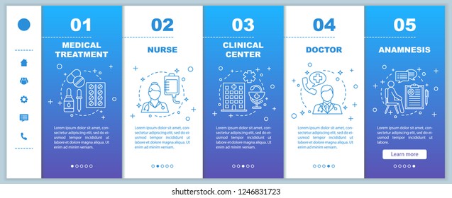 Medicine and healthcare onboarding mobile web pages vector template. Doctor, nurse, clinical center, anamnesis. Medical service. Responsive smartphone website interface. Webpage walkthrough screens