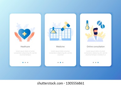 Medicine, Healthcare, Online medical consultation Set of onboarding screens user interface kit. Mobile application templates Website, web page. Modern UX, UI. Flat business concept vector illustration