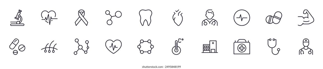 Medicine and healthcare outline vector signs drawn with thin line. Simple linear illustrations for stores, shops, banners, design