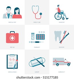 Medicine, healthcare, patients and doctors icons set