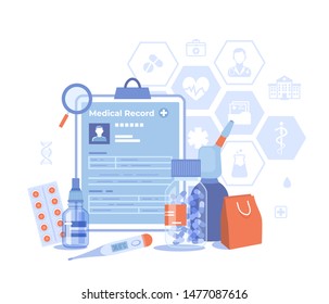 Medicine, Healthcare, Pharmaceuticals, Red Cross, First aid to the patient, Science. Medical equipment, record, package, thermometer, pills, spray, drops. Vector illustration on white background.