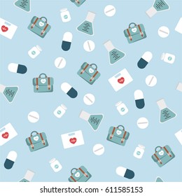 Medicine Healthcare seamless pattern. Vector illustration can be used for package, wrapping, banners, textile print. Pills, tablets, suitcase, medicament.