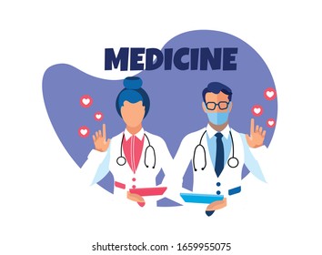 Medicine Healthcare Services Advertising Banner. Flat Cartoon Male and Female Doctors in Uniform.  Vector Illustration