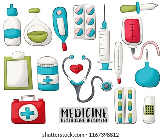 Medicine And Healthcare Set Of Icons And Objects. Hand Drawn Cartoon Style Medical Clinic Design Concept. Vector Illustration.