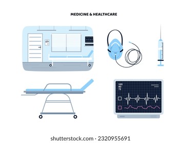 Medicine and healthcare set. Treatment diseases and health care. Oxygen mask, cardiogram, syringe and ward with medical stretcher. Cartoon flat vector collection isolated on white background