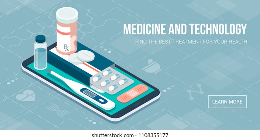 Medicine, healthcare and therapy app: prescription drugs, first aid and medical diagnosis equipment on a smartphone with icons