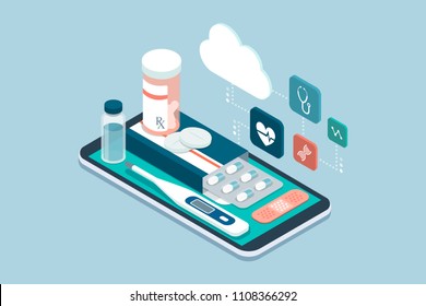 Medicine, healthcare and therapy app: prescription drugs, first aid and medical diagnosis equipment on a smartphone with icons