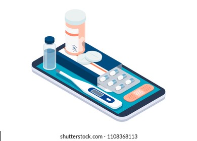 Medicine, healthcare and therapy app: prescription drugs, first aid and medical diagnosis equipment on a smartphone with icons