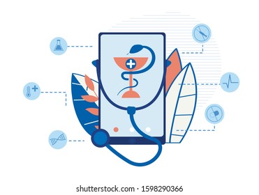 Medicine, Healthcare, Therapy Mobile Application. Flat Mobile Phone with Medical Bowl Surrounded Snake and Stethoscope over Foliage Backdrop. Innovative Telemedicine App. Vector Flat Illustration