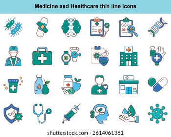 Medicine and Healthcare Thin Line Icons Set: Medical and Health Vector Illustrations