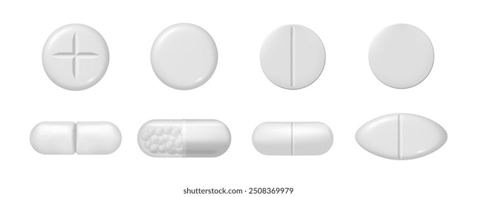 Medicine for healthcare and treatment. Vector isolated set of realistic pills and capsules. Pharmacy prescription from doctor. Mockup of medicaments, empty copy space on drugs. Pharmacology care