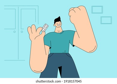 Medicine, healthcare, using drugs concept. Young smiling man cartoon character standing with medicine pills feeling in hands and feeling proud, celebrating victory and success vector illustration