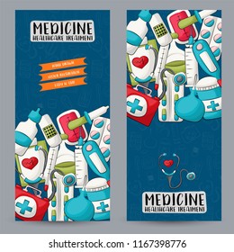 Medicine and healthcare vertical banner set. Cute poster for invitation, advertisement, web page. Hand drawn cartoon style medical clinic design concept. Vector illustration.