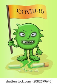 Medicine, healthcare and viruses. Medicine and characters. A picture with a cartoon character COVID-19 virus with an orange flag with the inscription COVID-19 on a yellow background in a vector.