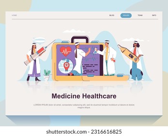 Medicine healthcare web concept for landing page in flat design. Doctor and nurse diagnosis patients, examine cardiogram, making treatment. Vector illustration with people scene for website homepage