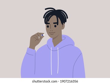 Medicine and healthy lifestyle concept, a young male Black character taking a pill