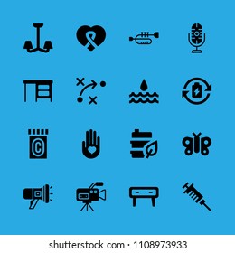 medicine, heart on the palm, fuel, chandelier, megaphone, battery, desktop, strategy and video camera vector icon. Simple icons set