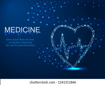 Medicine, heart with a whirlwind. Abstract vector polygonal illustration on dark blue background with stars with destruct shapes wireframe structure