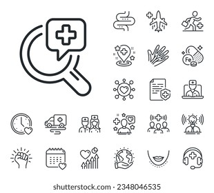 Medicine help sign. Online doctor, patient and medicine outline icons. Medical analyzes line icon. Pharmacy medication symbol. Medical analyzes line sign. Vector