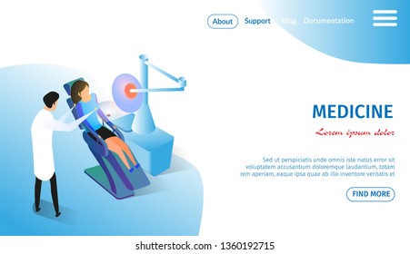 Medicine Horizontal Banner with Copy Space. Patient Lying in Medical Chair. Examination by Doctor. Man in White Robe Conducting Girl. Health Check Up in Cabinet. 3D Flat Vector Isometric Illustration